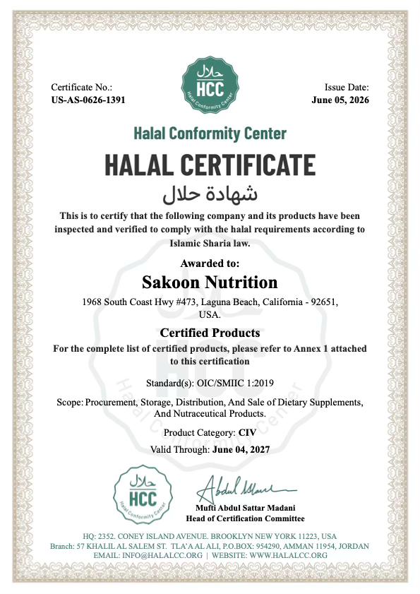 HCC Halal Certificate awarded to Sakoon Nutrition