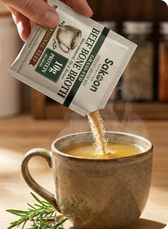 Sakoon beef bone broth poured into a mug