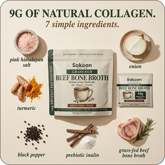 9g of natural collagen — pink Himalayan salt, onion, turmeric, black pepper, prebiotic inulin and grass-fed beef bone broth