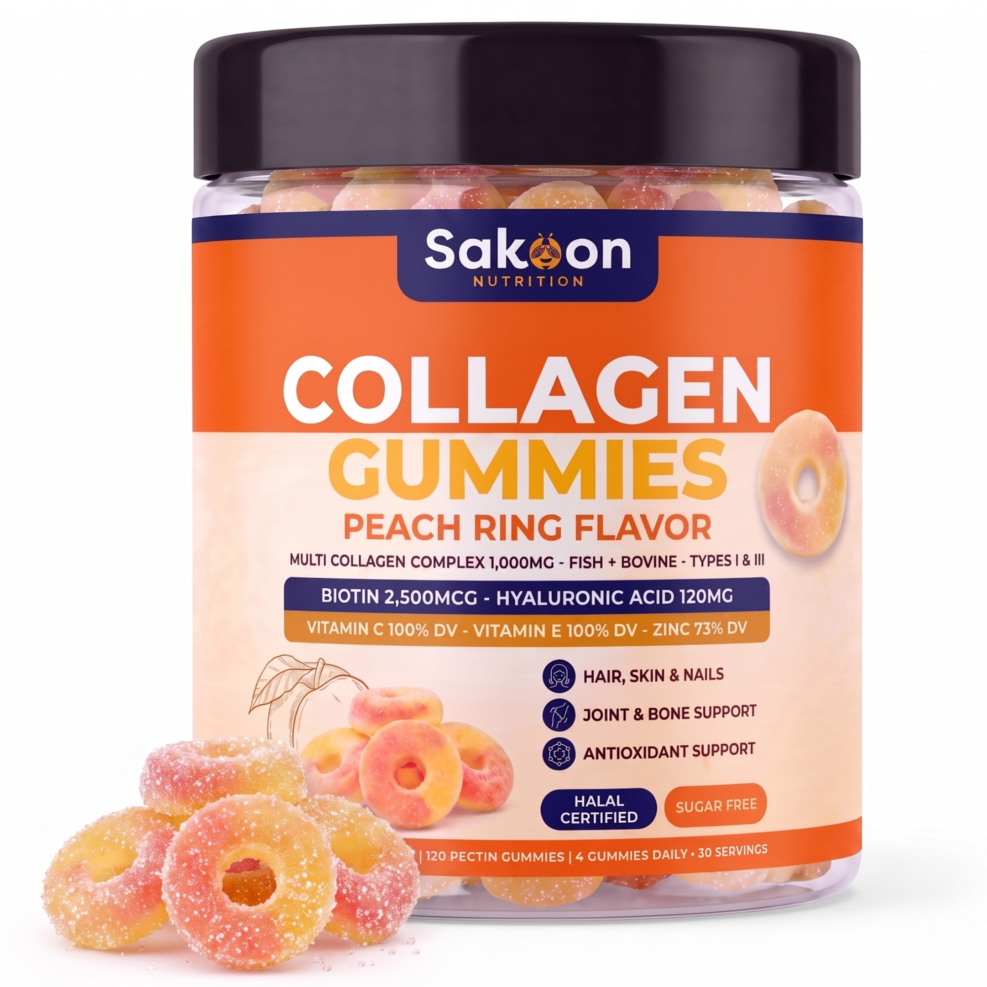 Halal Collagen Gummies for Hair, Skin & Nails - Peach, 120 Count