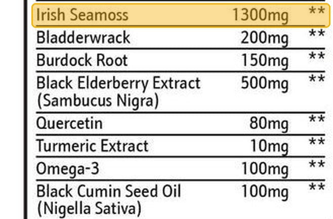 Sakoon label showing Irish Seamoss 1300mg
