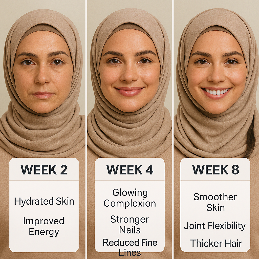 Three stages of a woman's skincare journey with text labels for Week 2, Week 4, and Week 8 on a beige background.