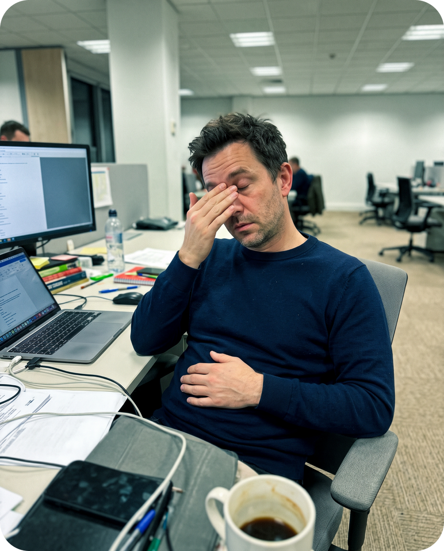 Tired man rubbing his eyes at an office desk at 3pm