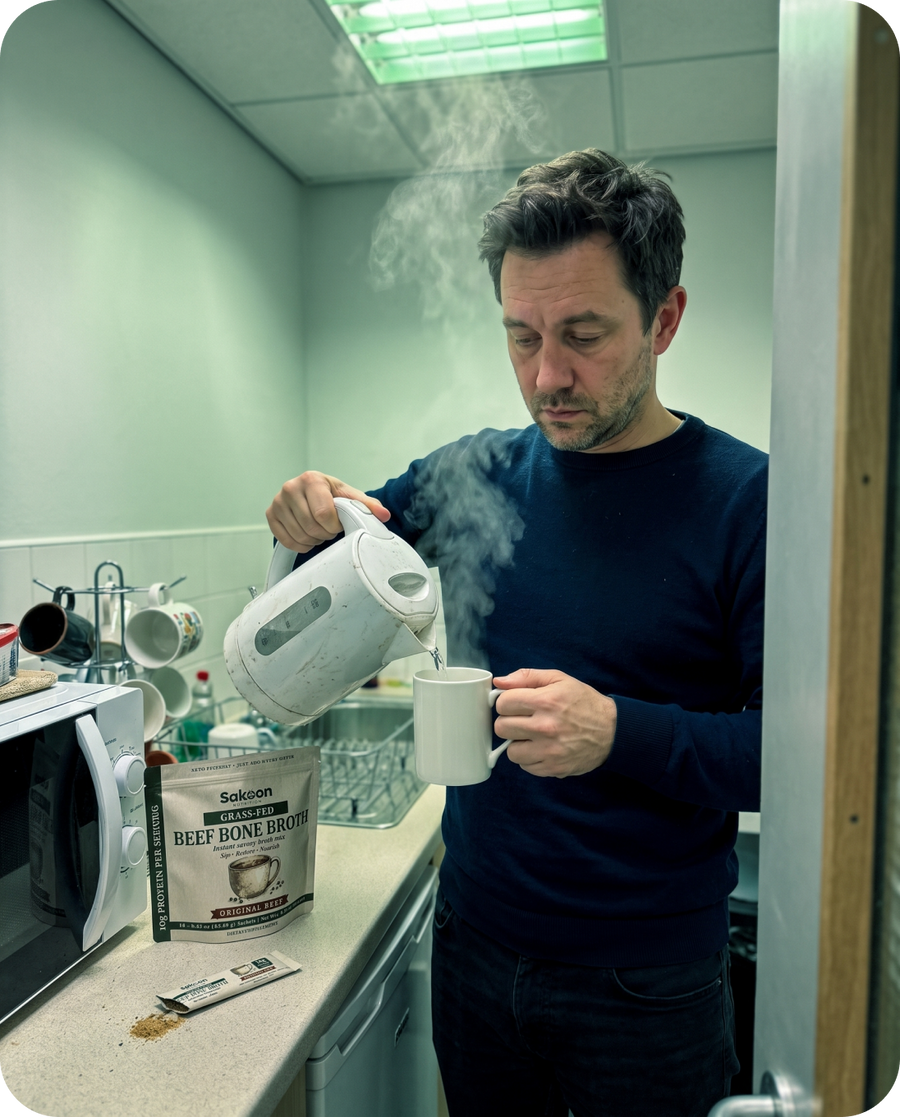 Same man pouring a kettle into a mug of bone broth in an office kitchen