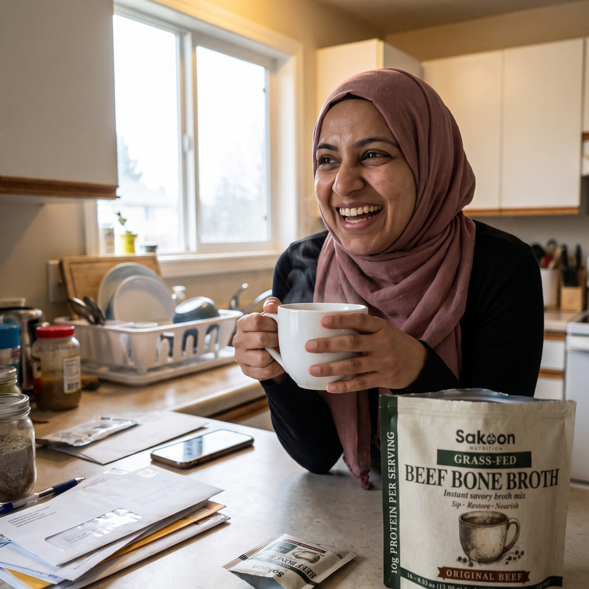 Woman laughing over a mug of Sakoon bone broth in her kitchen