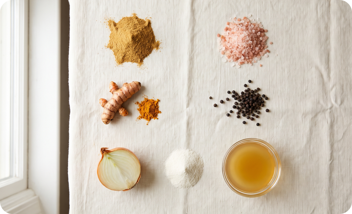 The seven ingredients laid out on linen