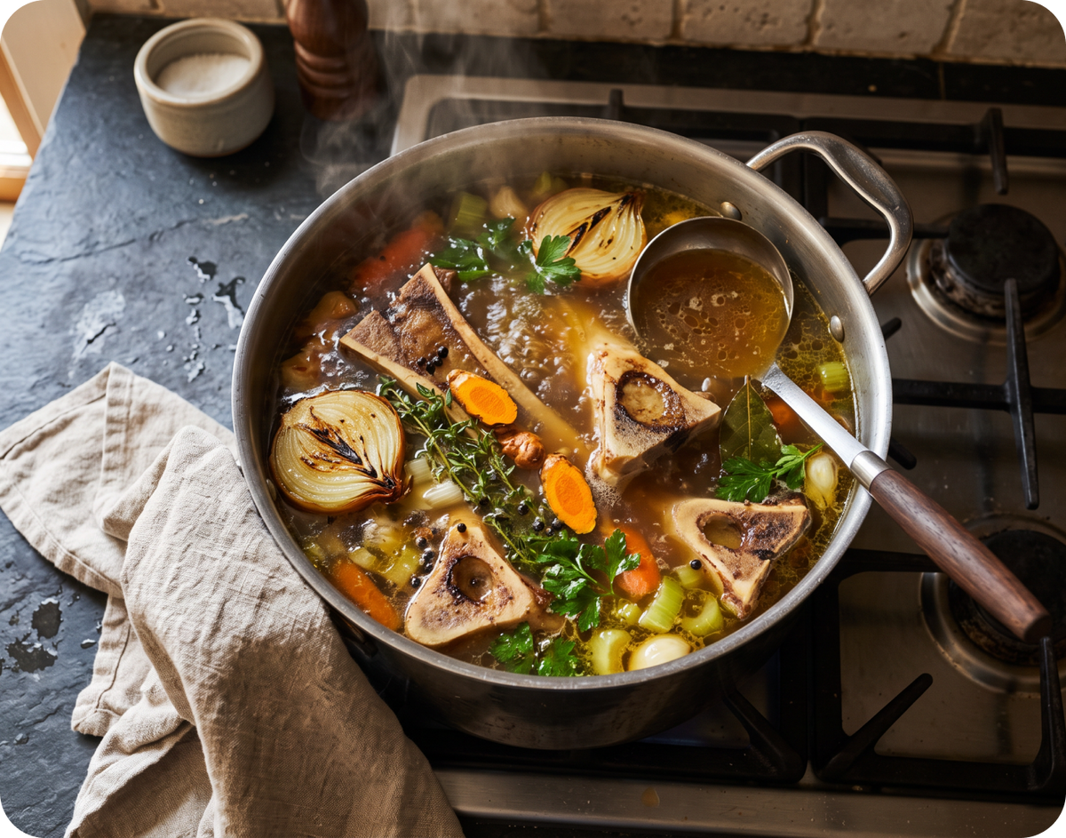 Pot of bone broth simmering with bones and vegetables