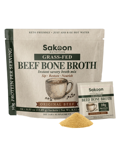 Sakoon Grass-Fed Beef Bone Broth pouch with one sachet