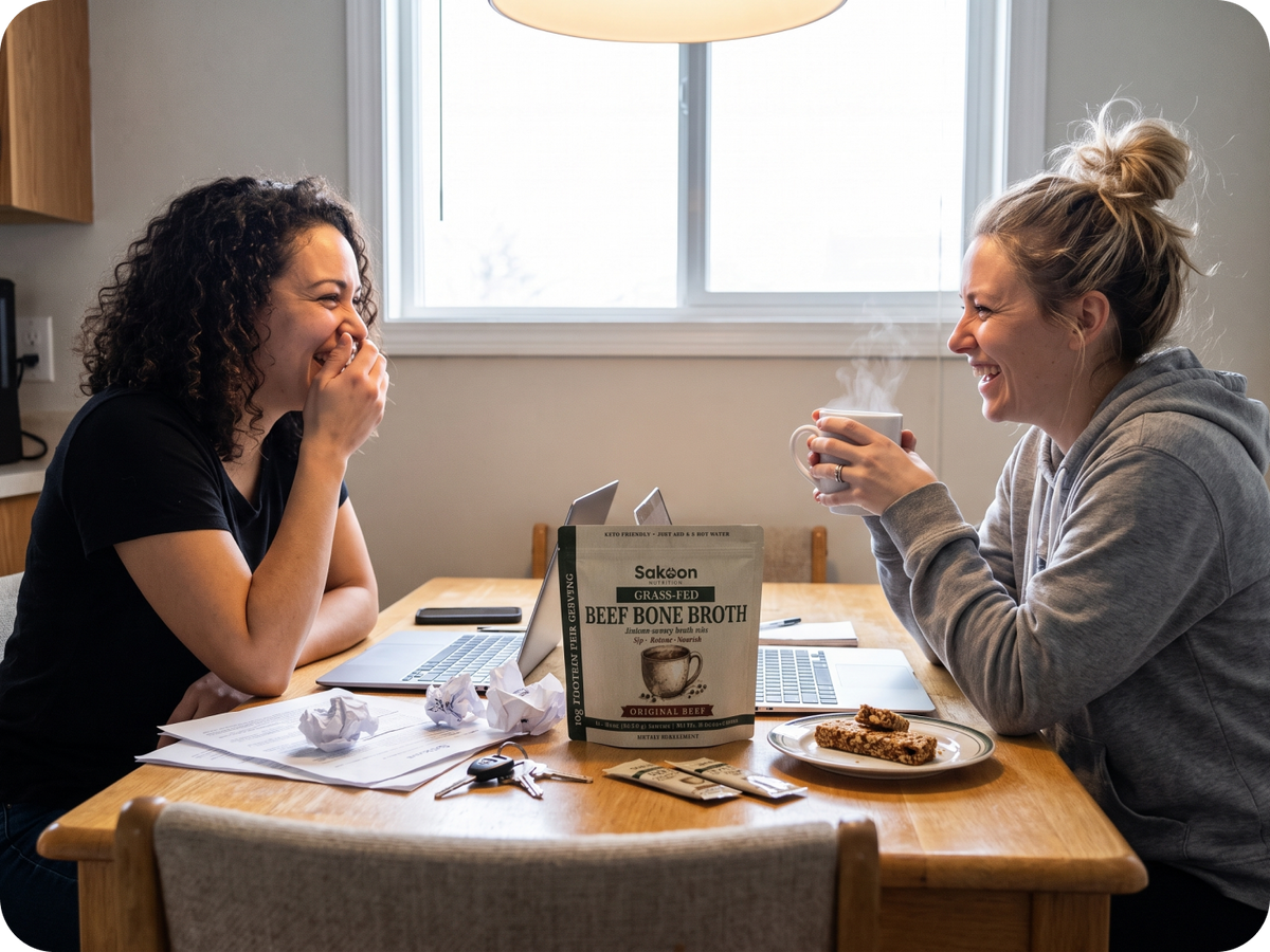 Two friends laughing over mugs of bone broth at a kitchen table