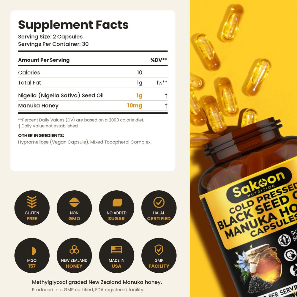 Supplement facts panel for Sakoon Cold Pressed Black Seed Oil and Manuka Honey Capsules