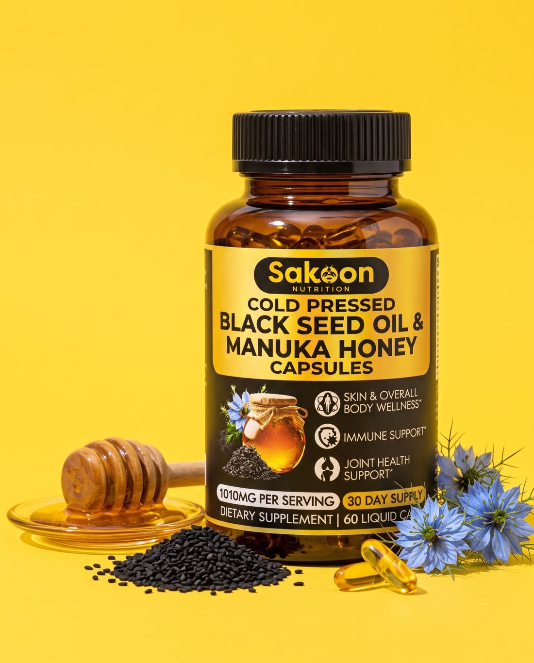 Black seed, Manuka honey and the Sakoon capsules bottle on a wooden table
