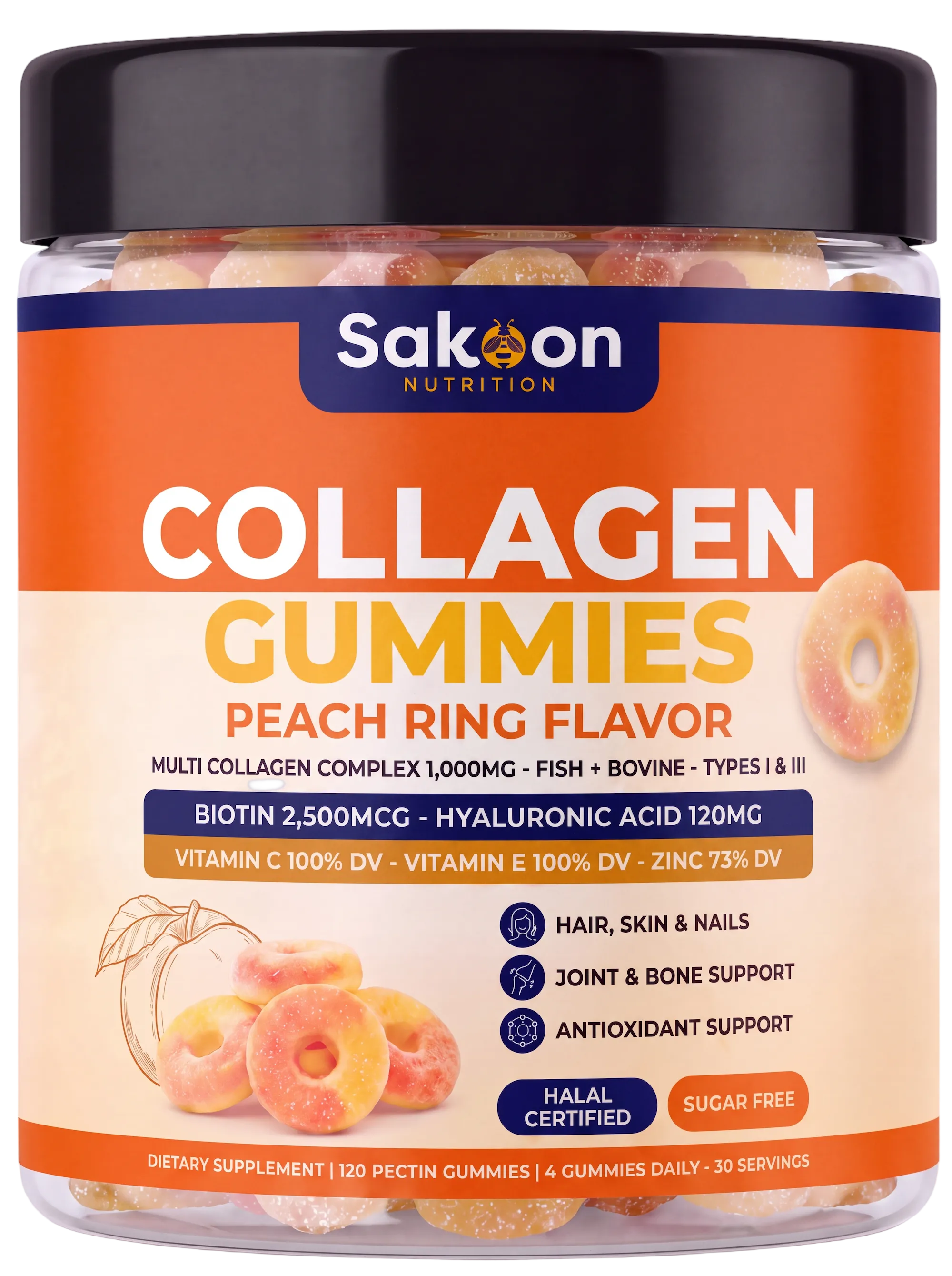 Halal Collagen Gummies for Hair, Skin & Nails - Peach, 120 Count