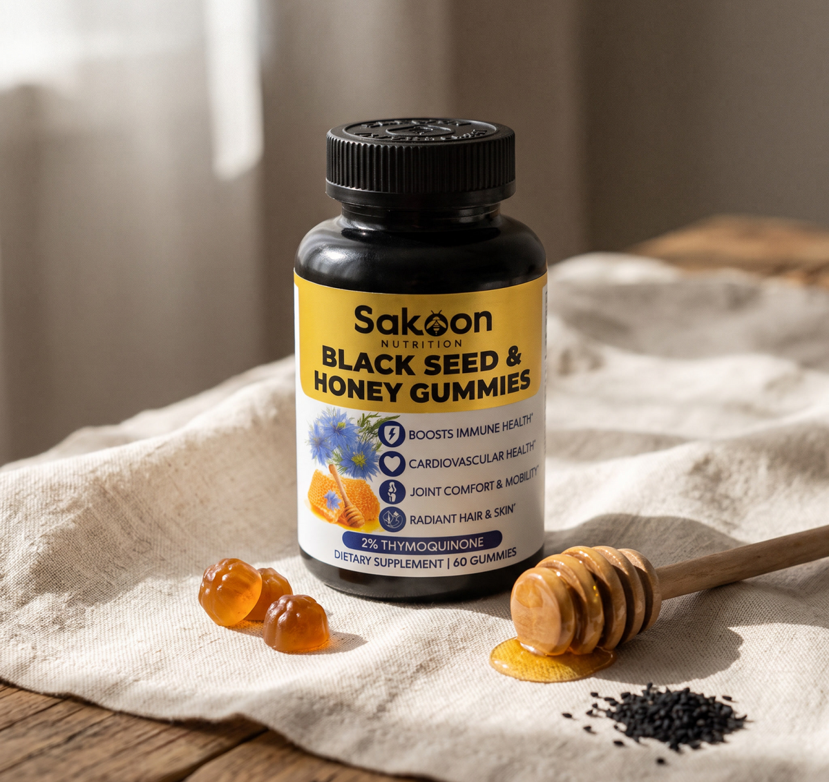 Sakoon Black Seed Oil & Honey Gummies bottle with black seeds and honey